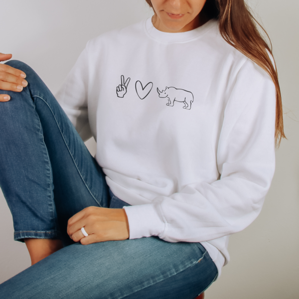 peace love and rhinos crewneck sweater